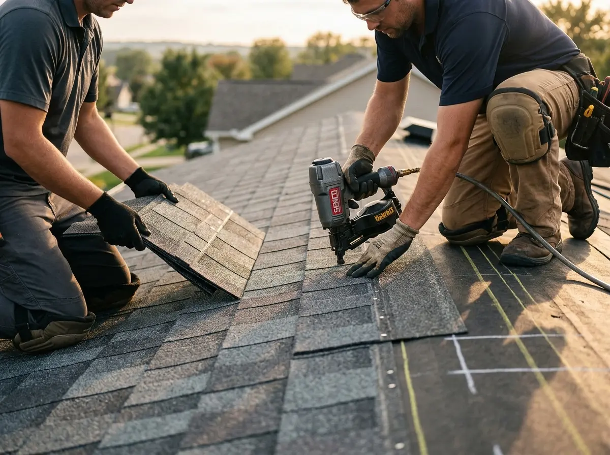 Professional roofer working on a residential roof in Bryan